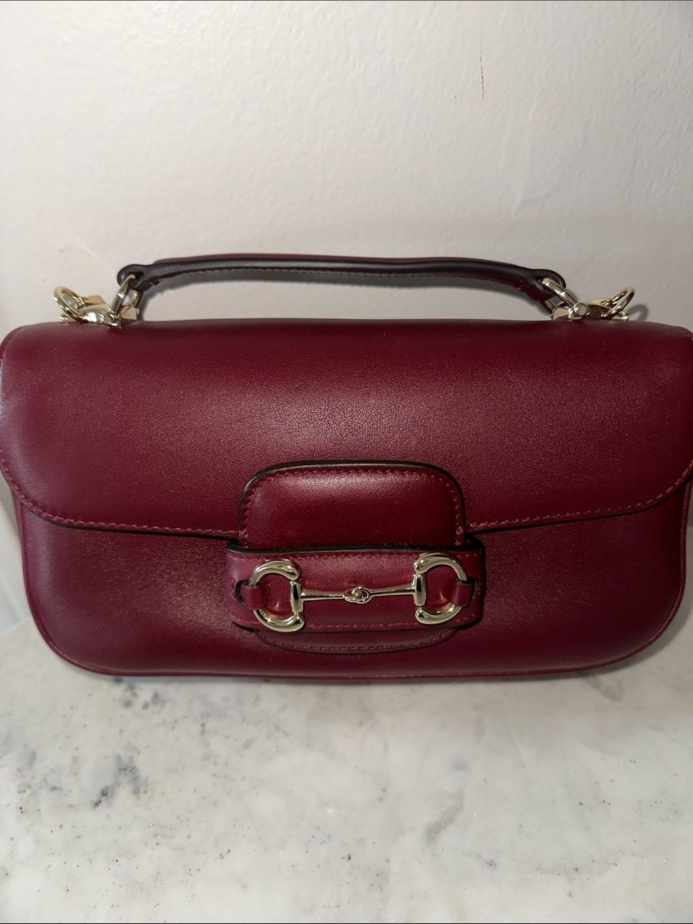 Gucci Burgundy Leather Shoulder Bag with Gold Horsebit